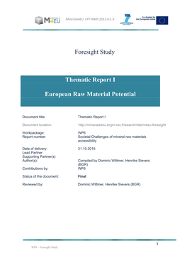 Foresight Study Thematic Report I European Raw Material Potential