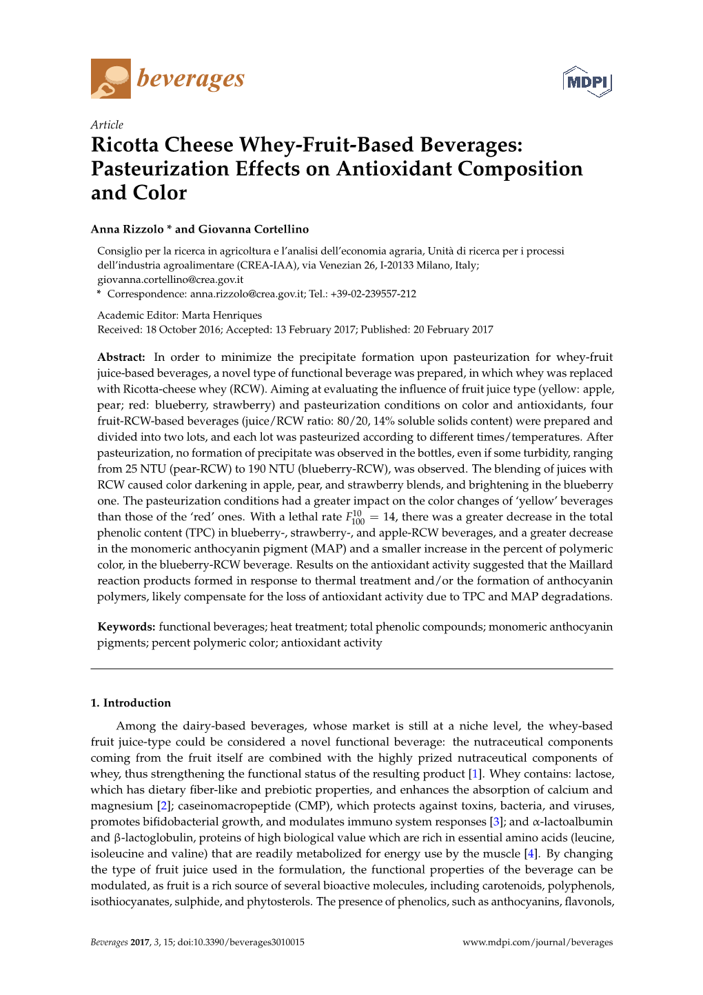 Ricotta Cheese Whey-Fruit-Based Beverages: Pasteurization Effects on Antioxidant Composition and Color