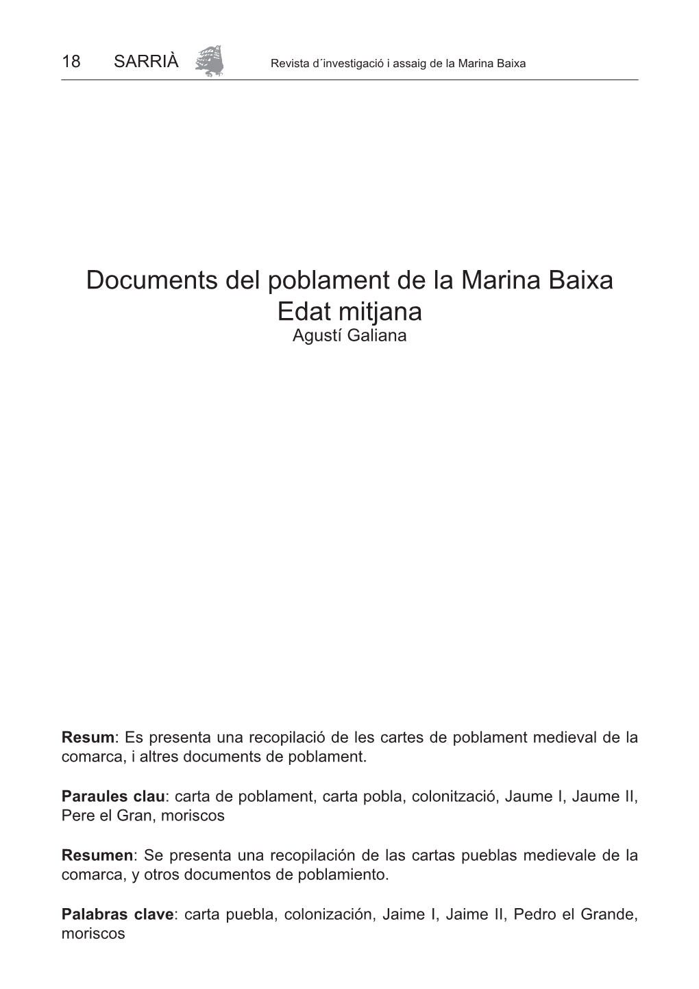 Documents Del Poblament De La Marina Baixa Edat Mitjana Agustí Galiana