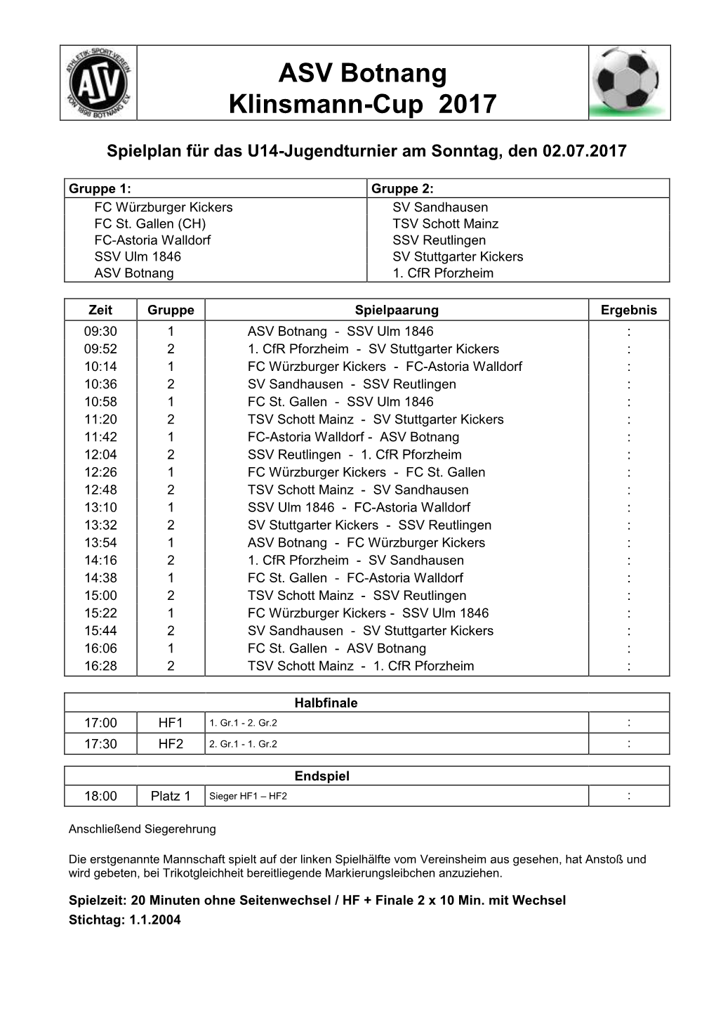 U14-Jugendturnier Am Sonntag, Den 02.07.2017