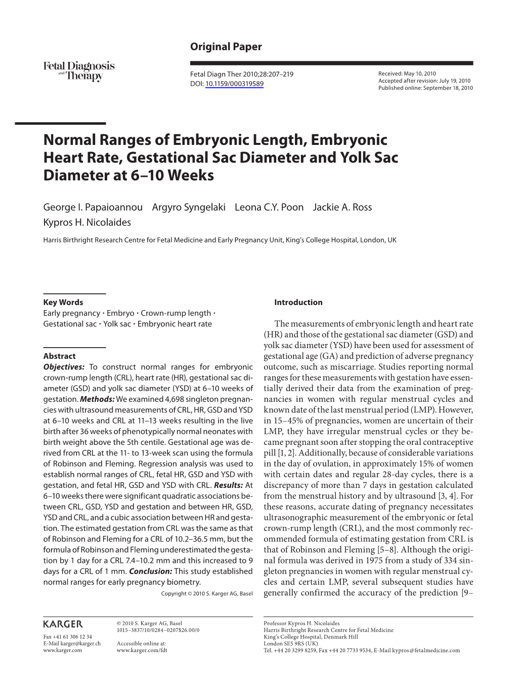 Normal Ranges of Embryonic Length, Embryonic Heart Rate, Gestational Sac Diameter and Yolk Sac Diameter at 6–10 Weeks