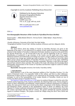 Geo-Demographic Structure of the Czechs in Vojvodina Province (Serbia)
