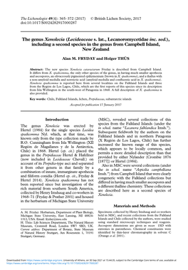 The Genus Xenolecia (Lecideaceae S. Lat., Lecanoromycetidae Inc. Sed.), Including a Second Species in the Genus from Campbell Island, New Zealand