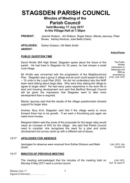STAGSDEN PARISH COUNCIL Minutes of Meeting of the Parish Council Held Monday 17 July 2017 in the Village Hall at 7:30Pm