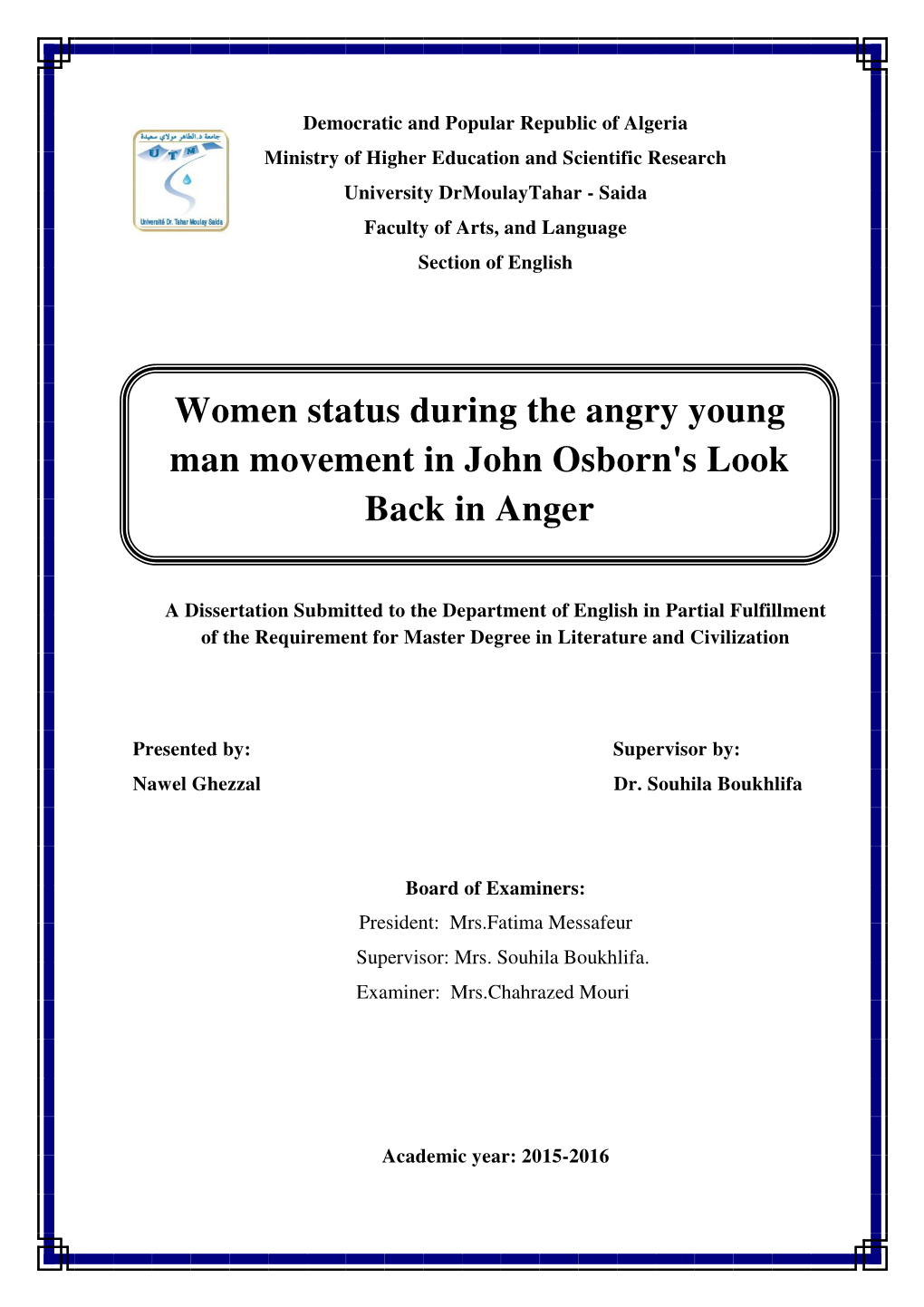Women Status During the Angry Young Man Movement in John Osborn's Look Back in Anger