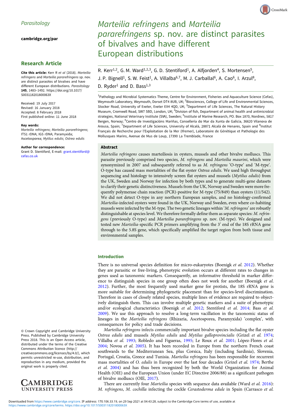 Marteilia Refringens and Marteilia Pararefringens Sp. Nov. Are Distinct