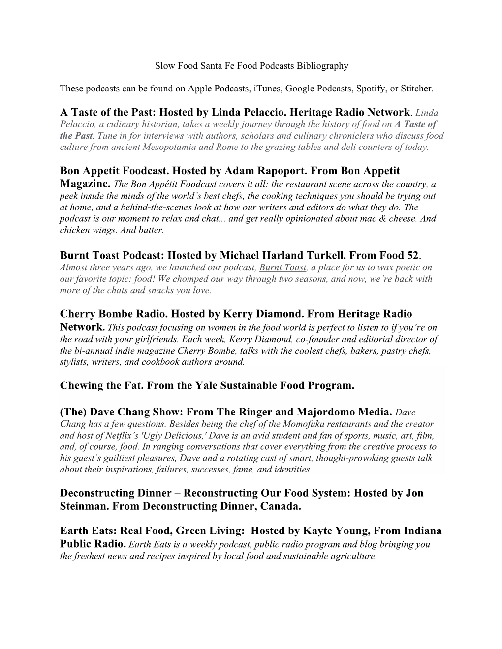 Food Podcasts Bibliography