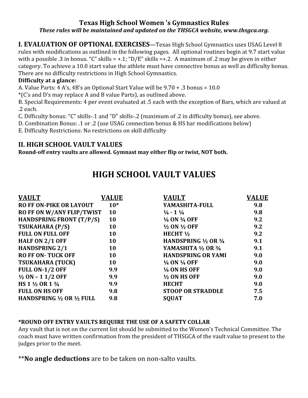 HIGH SCHOOL VAULT VALUES Round-Off Entry Vaults Are Allowed