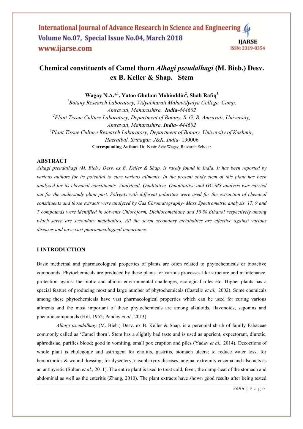 Chemical Constituents of Camel Thorn Alhagi Pseudalhagi (M