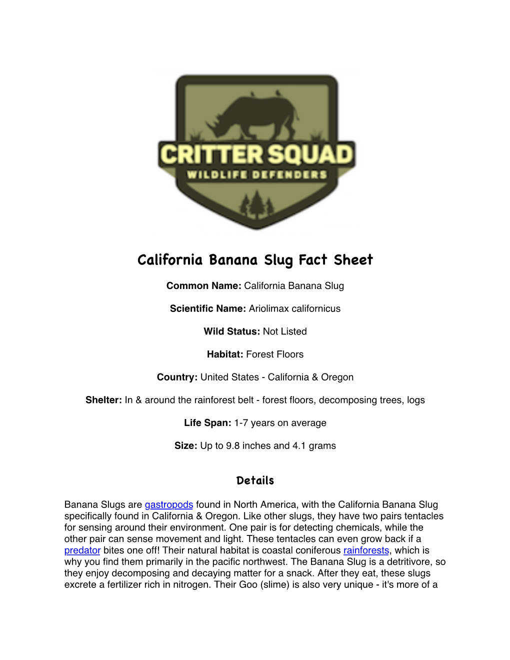 California Banana Slug Fact Sheet