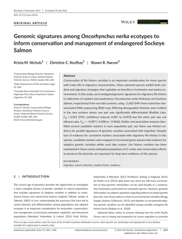 Genomic Signatures Among Oncorhynchus Nerka Ecotypes to Inform Conservation and Management of Endangered Sockeye Salmon