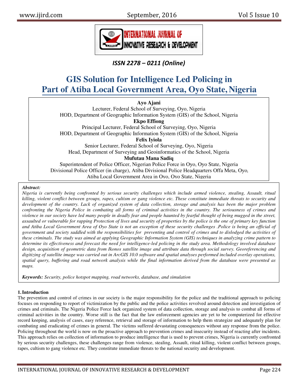 GIS Solution for Intelligence Led Policing in Part of Atiba Local Government Area, Oyo State, Nigeria