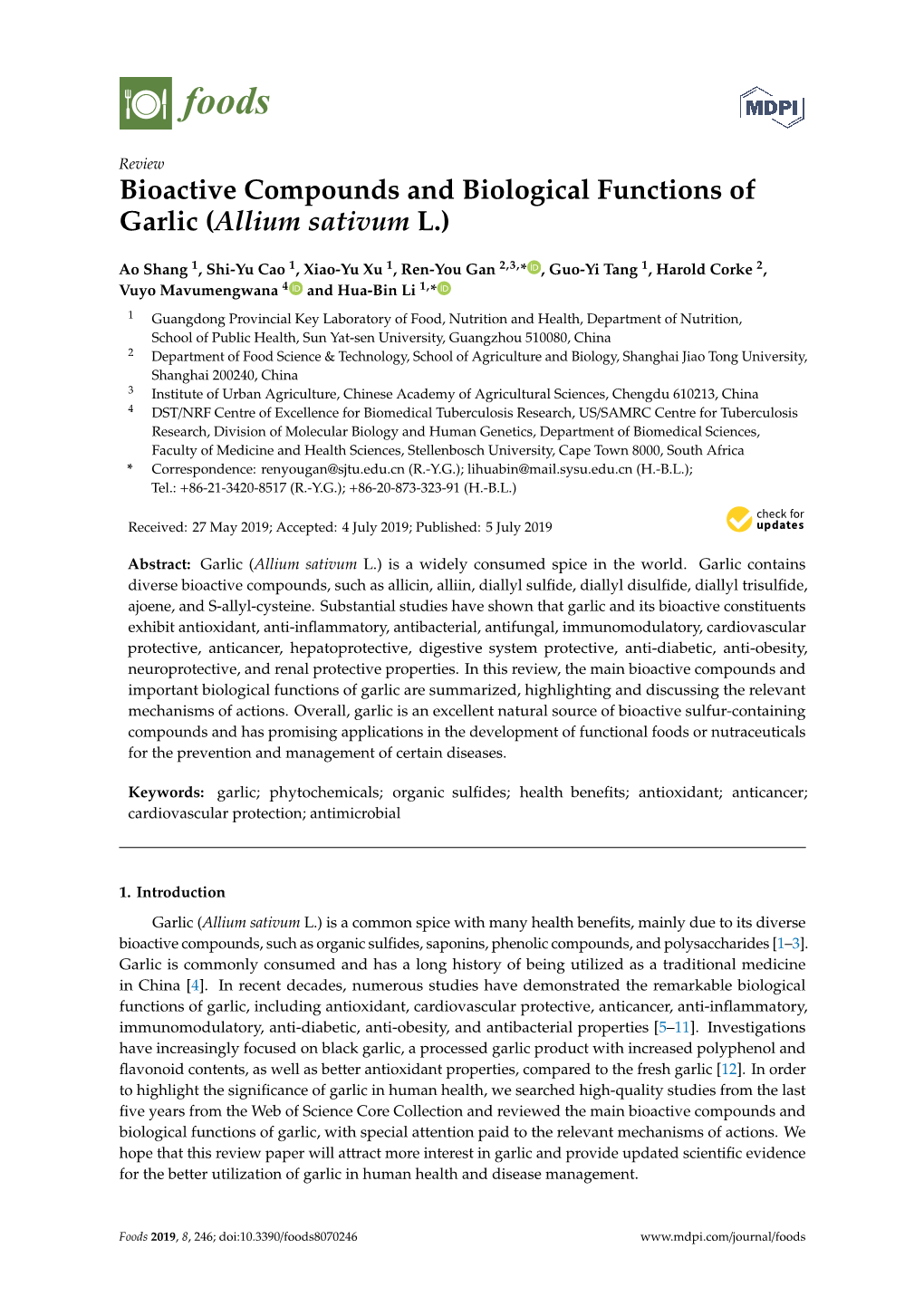 Bioactive Compounds and Biological Functions of Garlic (Allium Sativum L.)