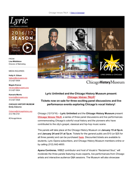 Lyric Unlimited and the Chicago History Museum Present: Chicago