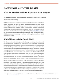 LANGUAGE and the BRAIN What We Have Learned from 30 Years of Brain Imaging
