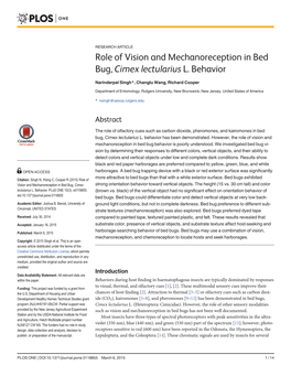 Role of Vision and Mechanoreception in Bed Bug, Cimex Lectularius L