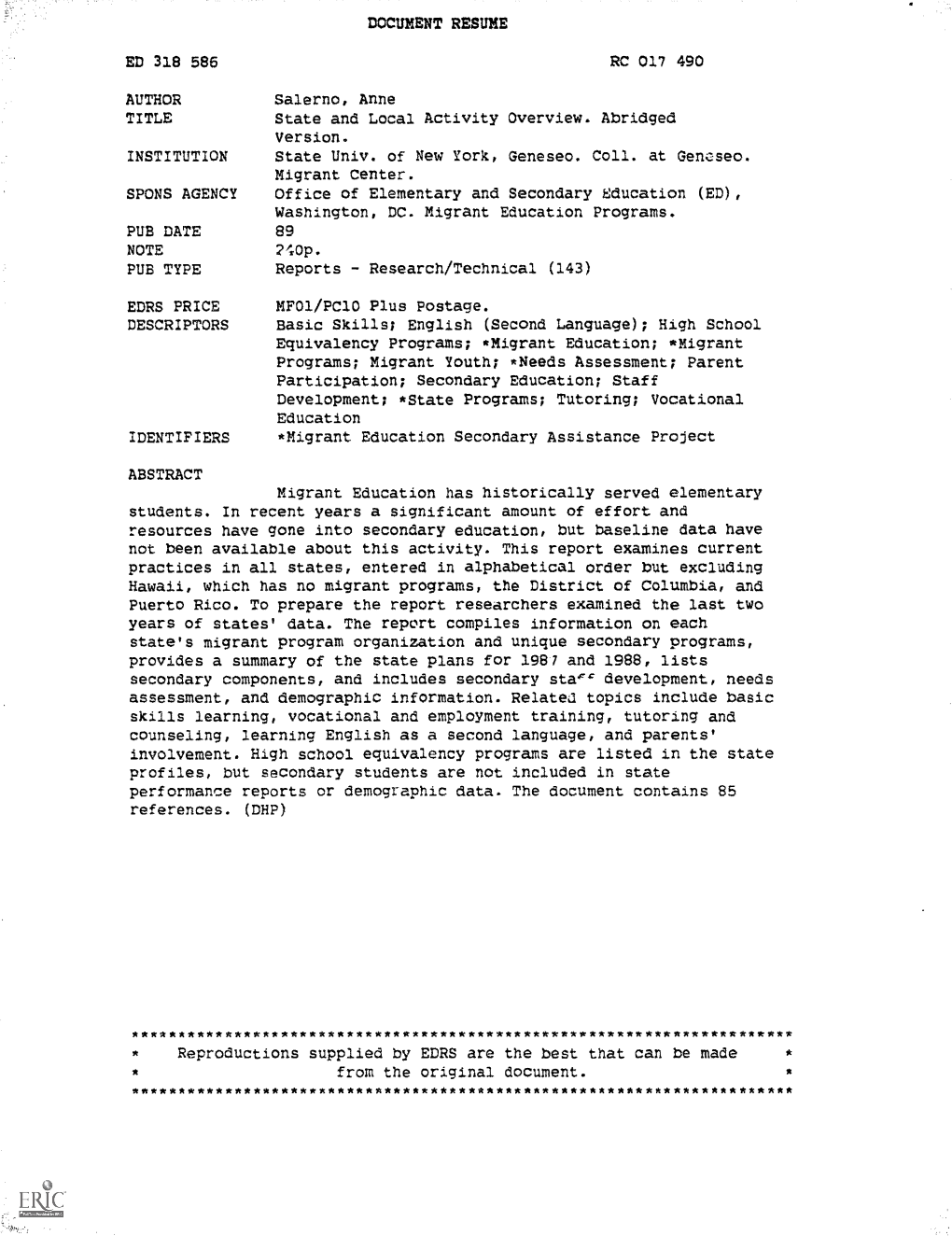 Page 1 DOCUMENT RESUME ED 318 586 RC 017 490 AUTHOR