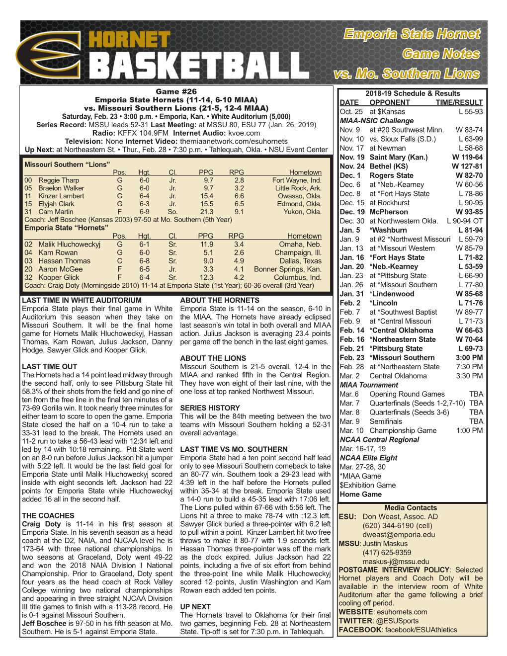 Emporia State Hornet Game Notes Vs. Mo. Southern Lions