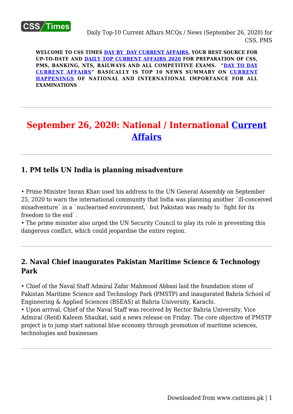 Daily Top-10 Current Affairs Mcqs / News (September 26, 2020) for CSS, PMS