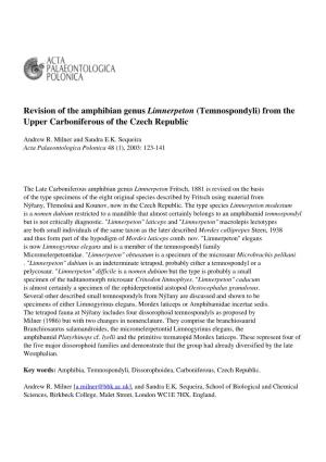 Revision of the Amphibian Genus Limnerpeton (Temnospondyli) from the Upper Carboniferous of the Czech Republic