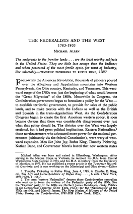 THE FEDERALISTS and the WEST 1783-1803 Michael Allen