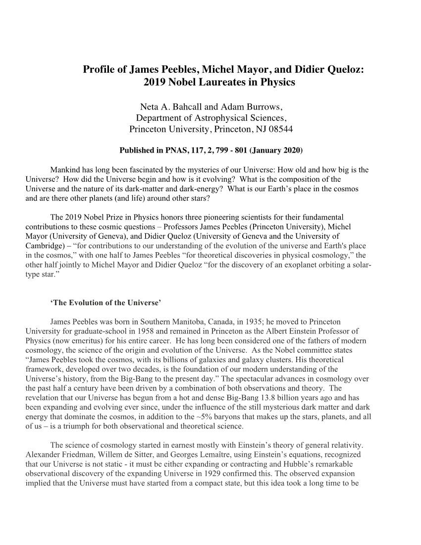 Profile of James Peebles, Michel Mayor, and Didier Queloz: 2019 Nobel Laureates in Physics
