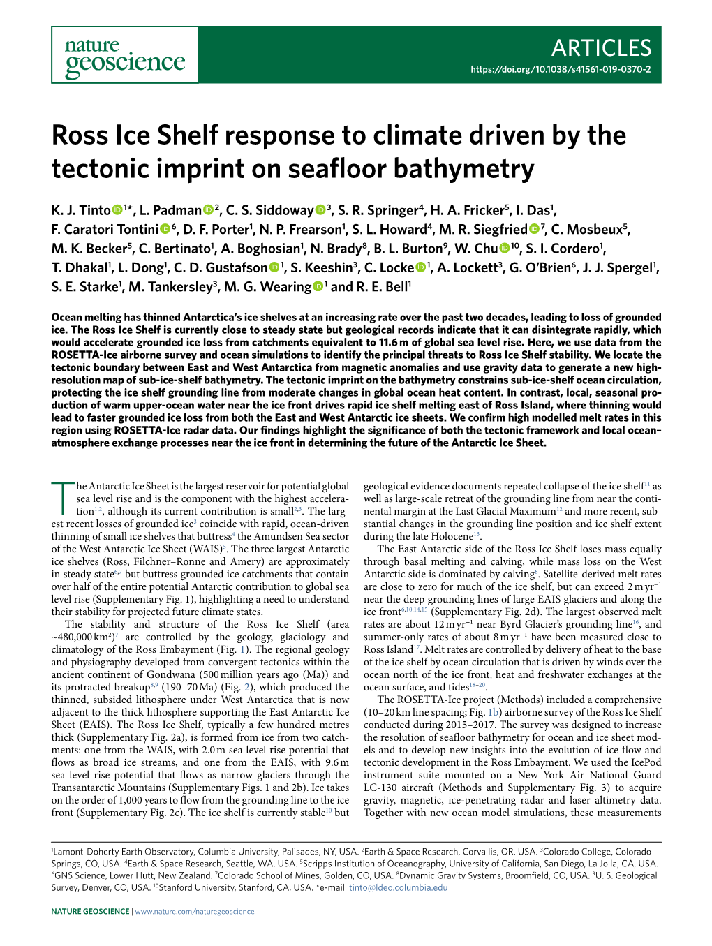Ross Ice Shelf Response to Climate Driven by the Tectonic Imprint on Seafloor Bathymetry