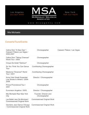 Mia Michaels Concerts/Tours/Events