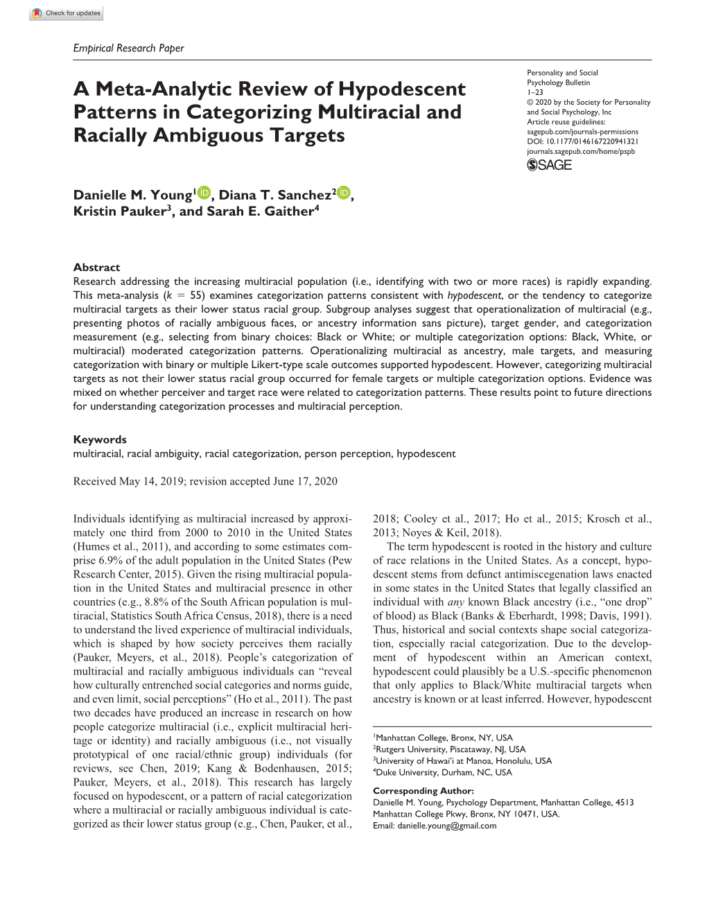 A Meta-Analytic Review of Hypodescent Patterns In