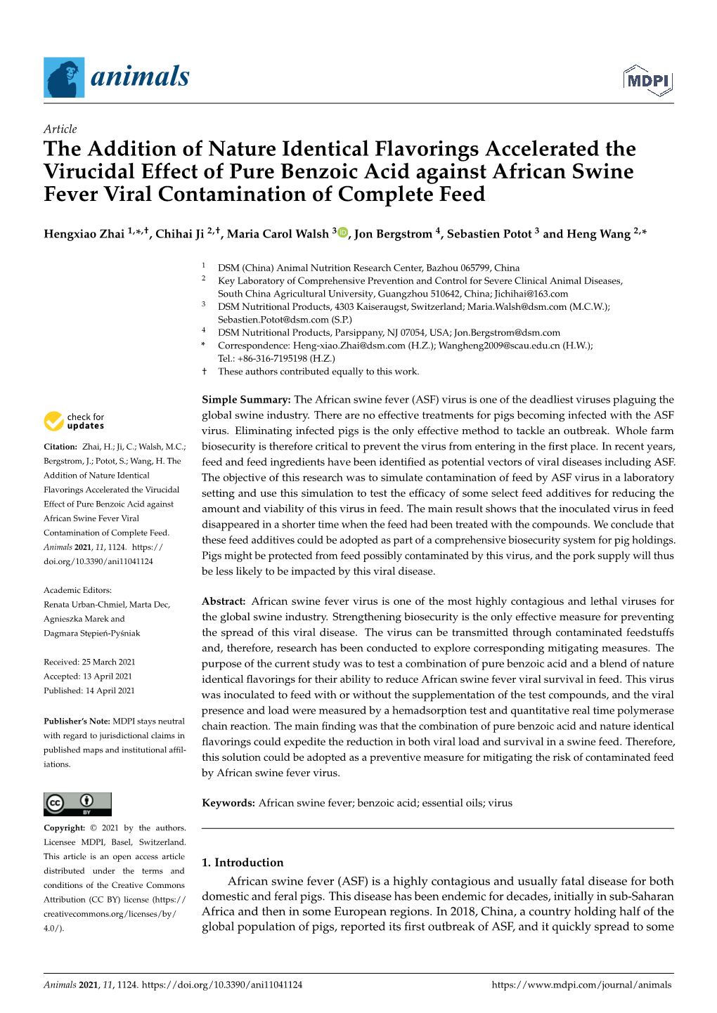 The Addition of Nature Identical Flavorings Accelerated the Virucidal Effect of Pure Benzoic Acid Against African Swine Fever Viral Contamination of Complete Feed