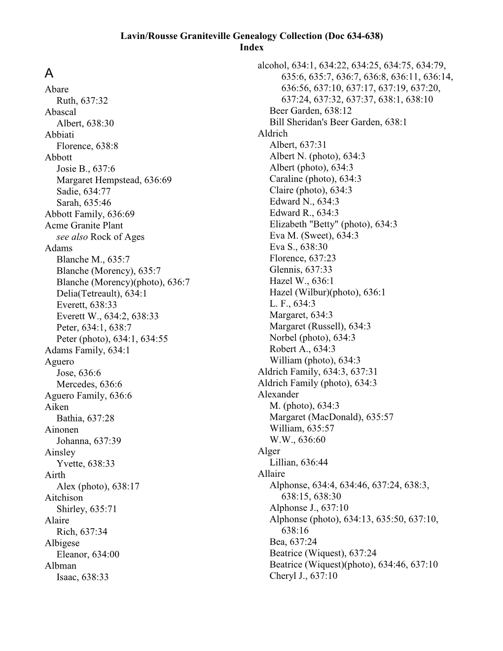 Lavin/Rousse Graniteville Genealogy Collection