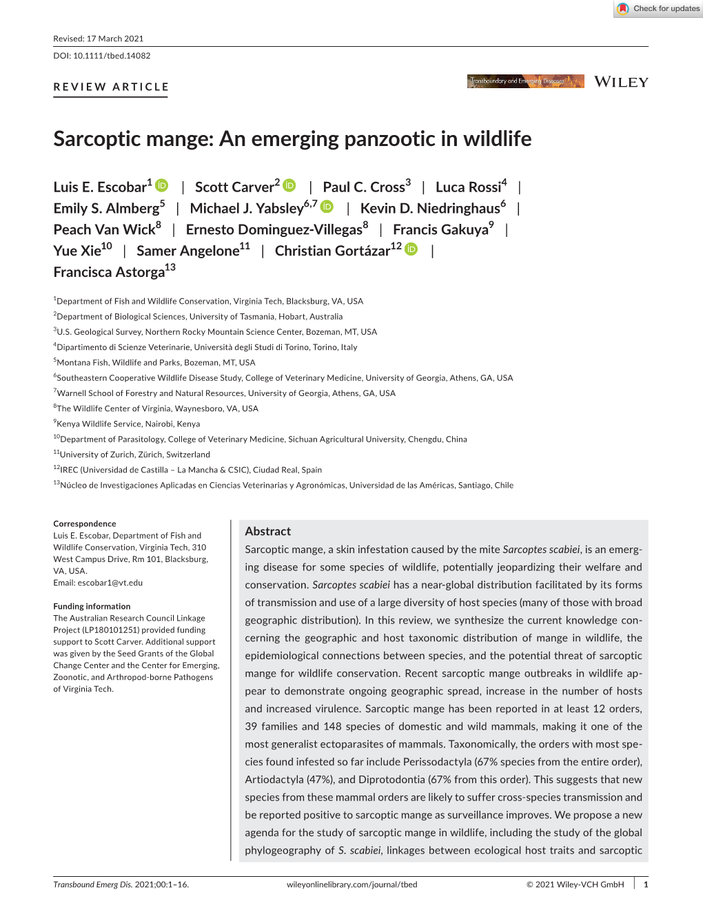 Sarcoptic Mange: an Emerging Panzootic in Wildlife - DocsLib