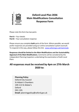 Oxford Local Plan 2036 Main Modifications Consultation Response Form