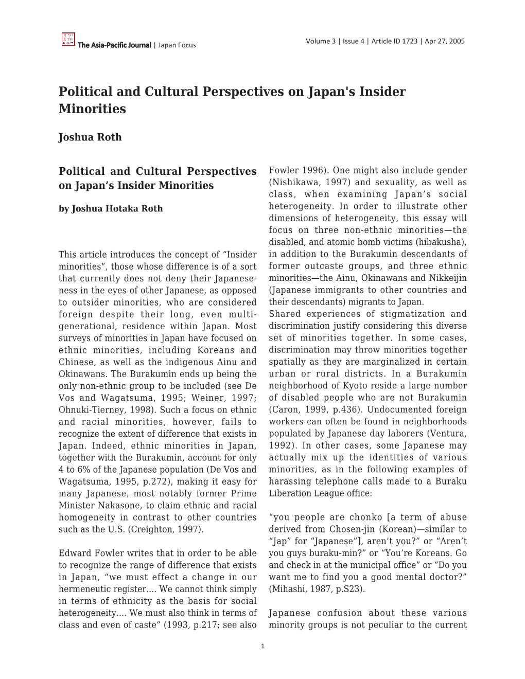 Political and Cultural Perspectives on Japan's Insider Minorities