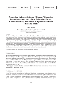 In South-Eastern Part of the Bohemian Forest, Czech Republic, with Notes to Hybomitra Arpadi (Szilády, 1923)