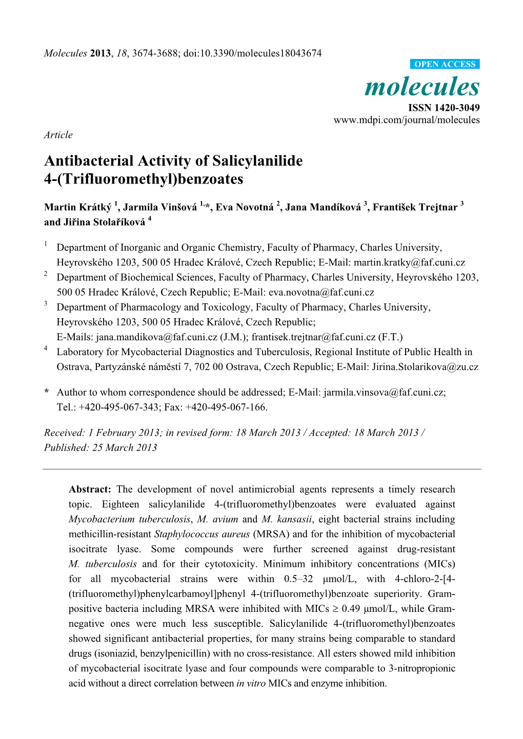 Antibacterial Activity of Salicylanilide 4-(Trifluoromethyl) Benzoates