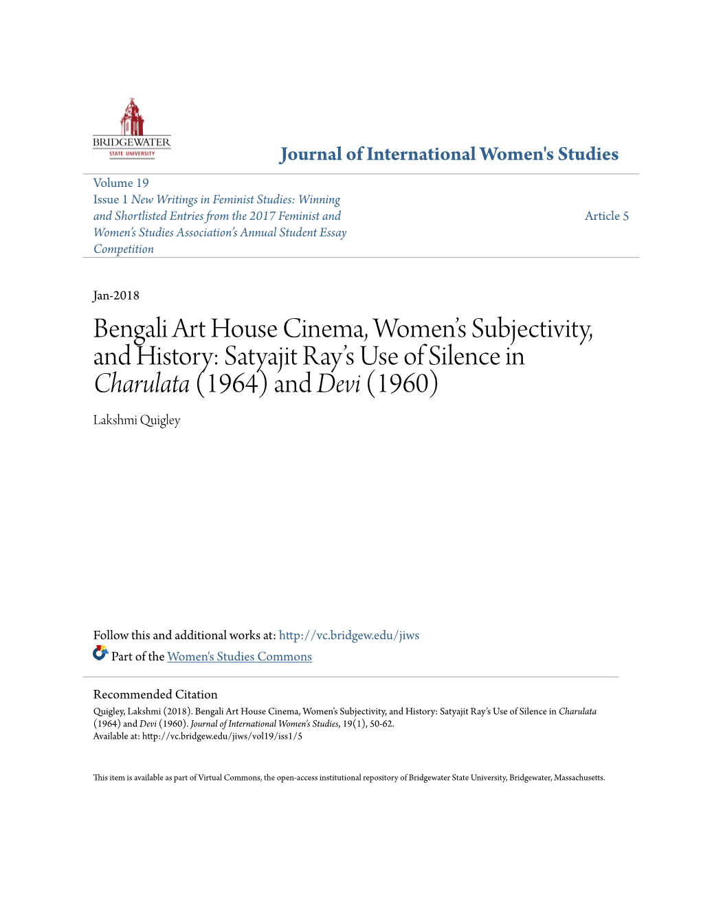 Bengali Art House Cinema, Women's Subjectivity, and History: Satyajit Ray's Use of Silence in &lt;Em&gt;Charulata&lt;/Em&gt;