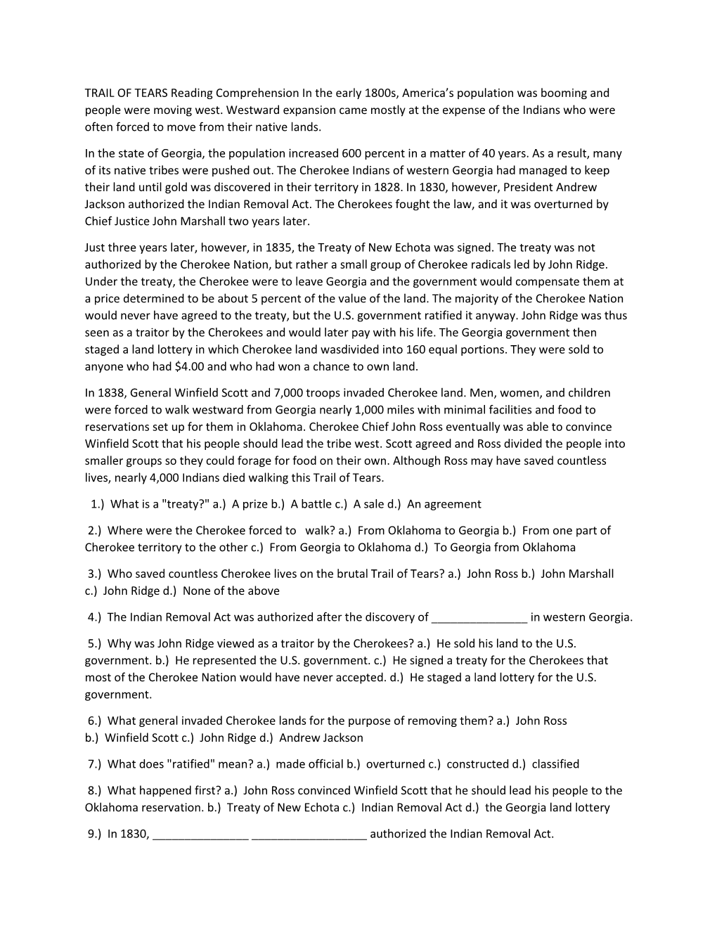 TRAIL of TEARS Reading Comprehension in the Early 1800S, America's Population Was Booming and People Were Moving West. Westwar