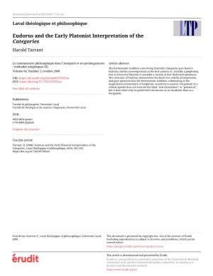 Eudorus and the Early Platonist Interpretation of the Categories Harold Tarrant