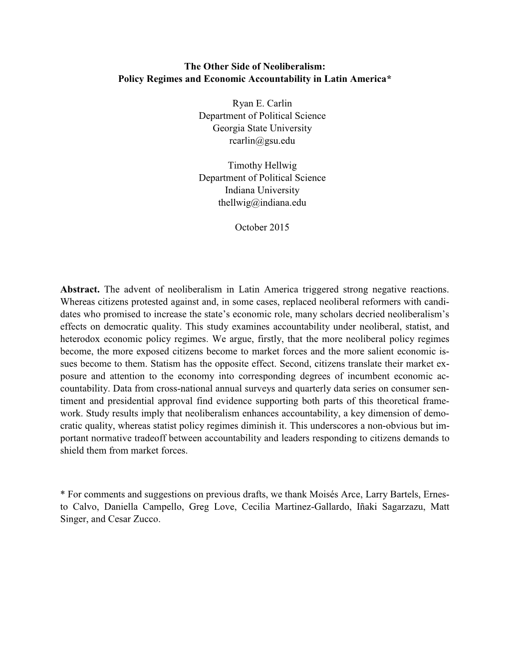 Policy Regimes and Economic Accountability in Latin America*