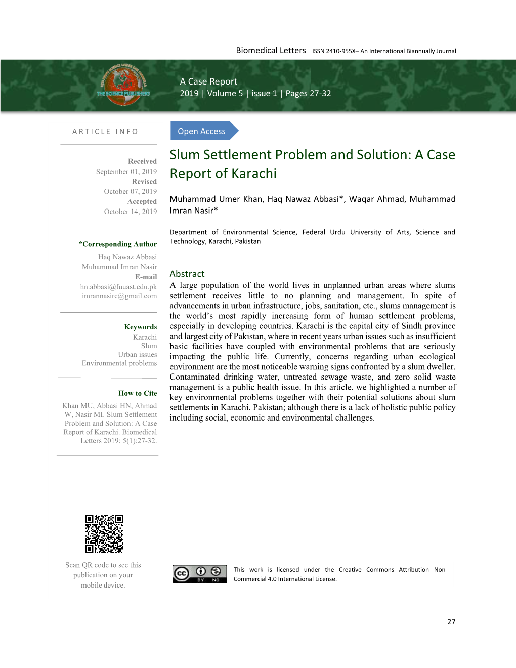 Slum Settlement Problem and Solution: a Case Report of Karachi