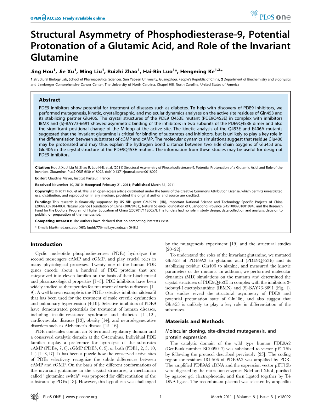 Structural Asymmetry of Phosphodiesterase-9, Potential Protonation of a Glutamic Acid, and Role of the Invariant Glutamine