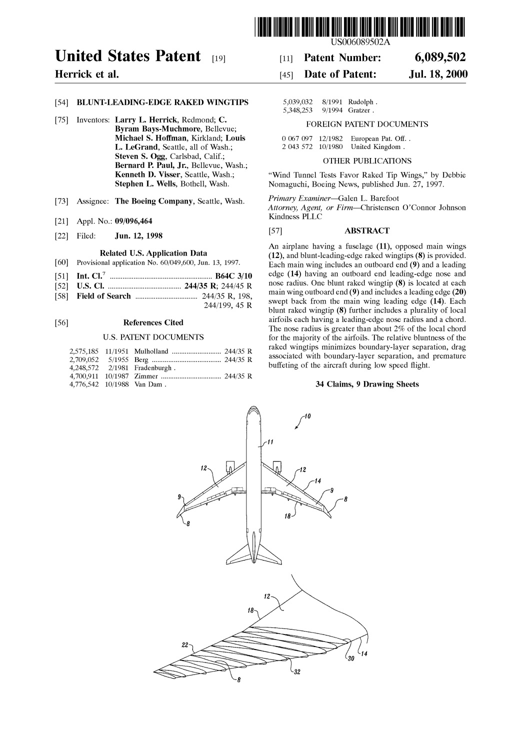 United States Patent 19 11 Patent Number: 6,089,502 Herrick Et Al