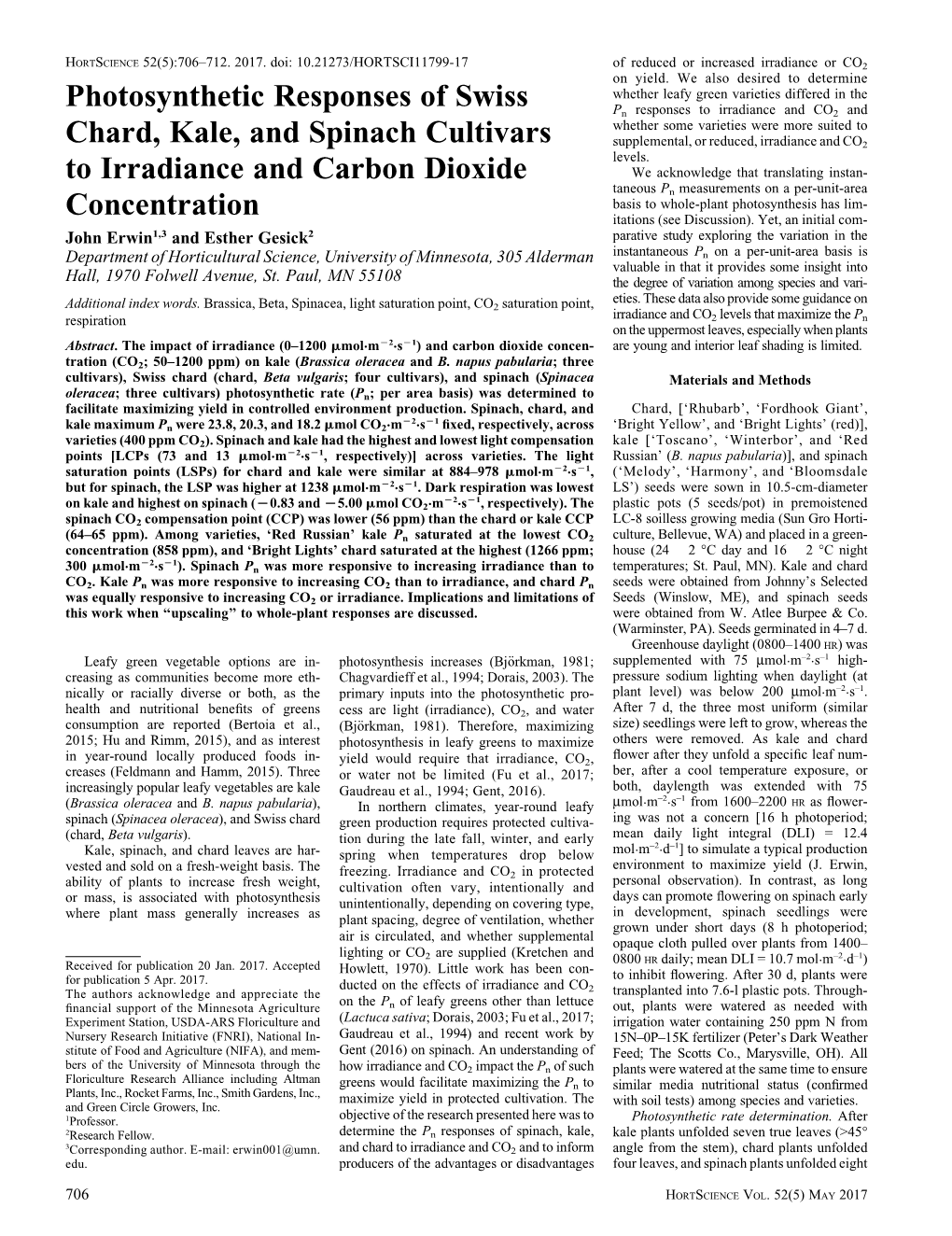 Photosynthetic Responses of Swiss Chard, Kale, and Spinach Cultivars to Irradiance and Carbon Dioxide Concentration