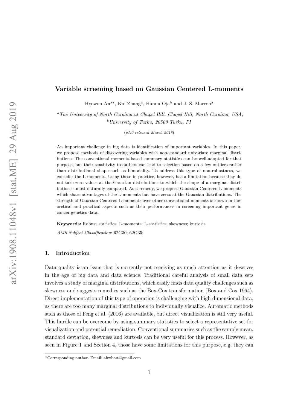 Variable Screening Based on Gaussian Centered L-Moments