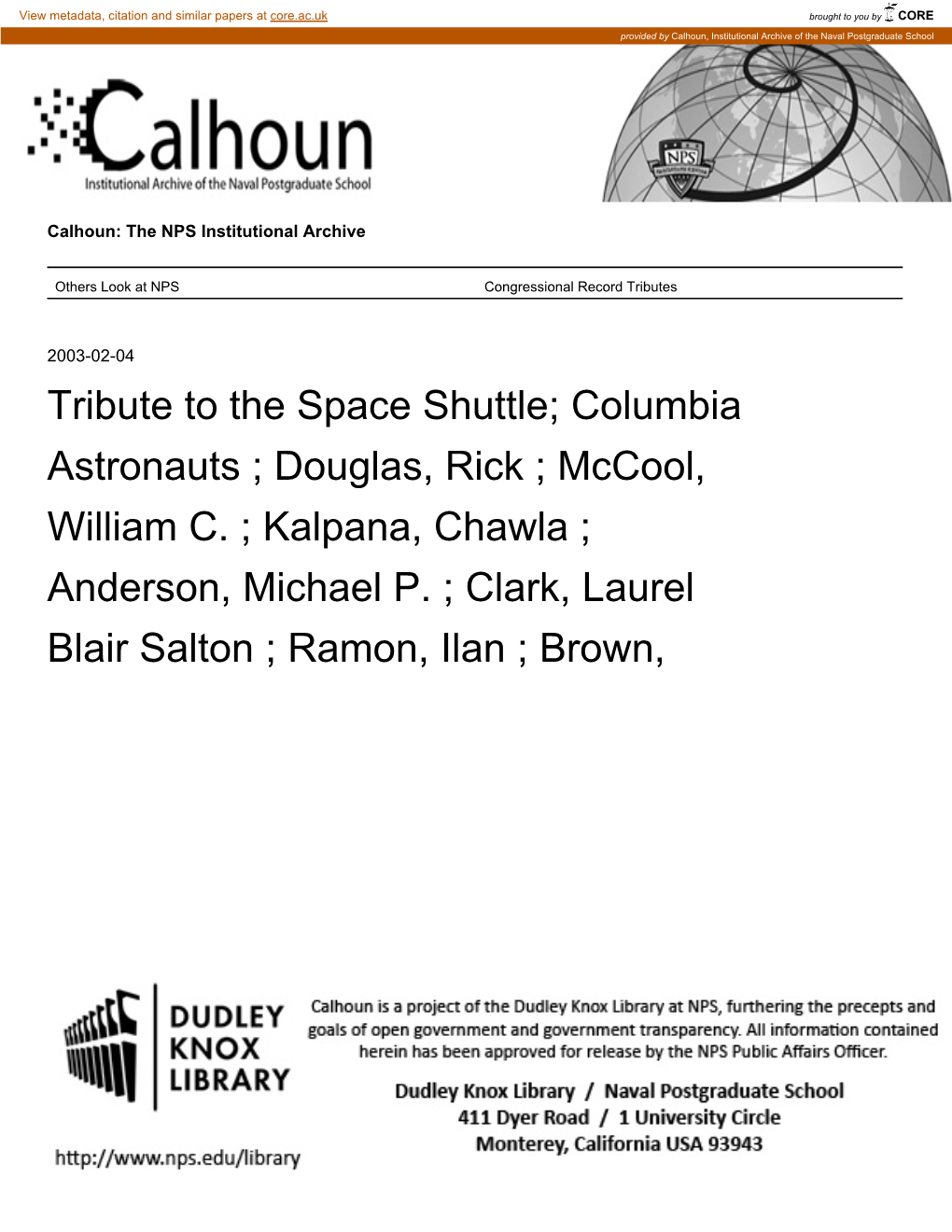 Tribute to the Space Shuttle; Columbia Astronauts ; Douglas, Rick ; Mccool, William C