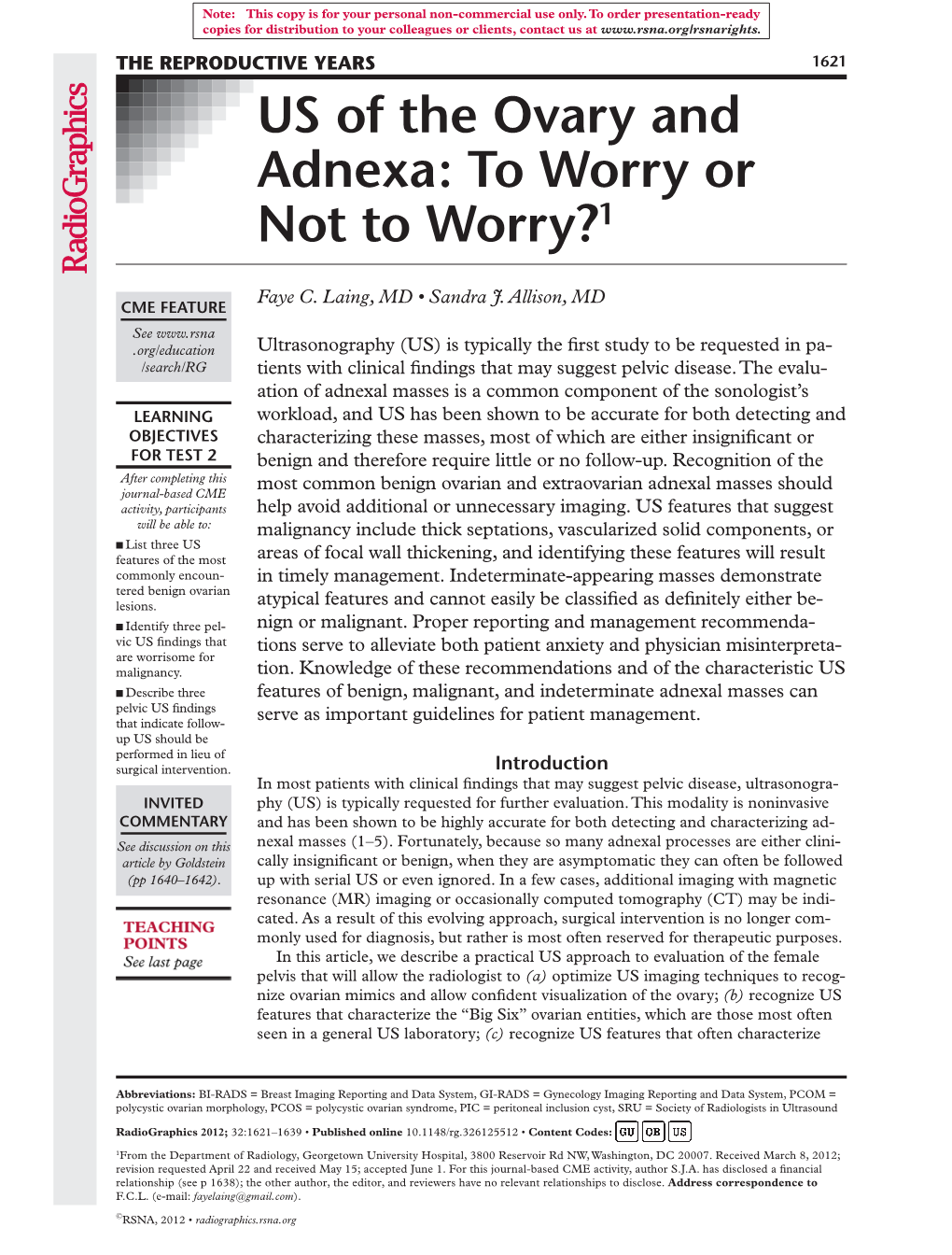 US of the Ovary and Adnexa: to Worry Or Not to Worry?1