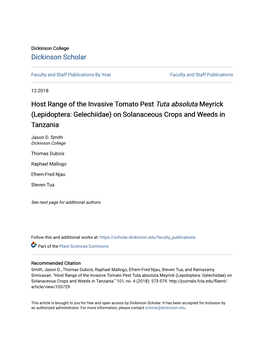 Host Range of the Invasive Tomato Pest&lt;I&gt; Tuta Absoluta&lt;/I&gt; Meyrick