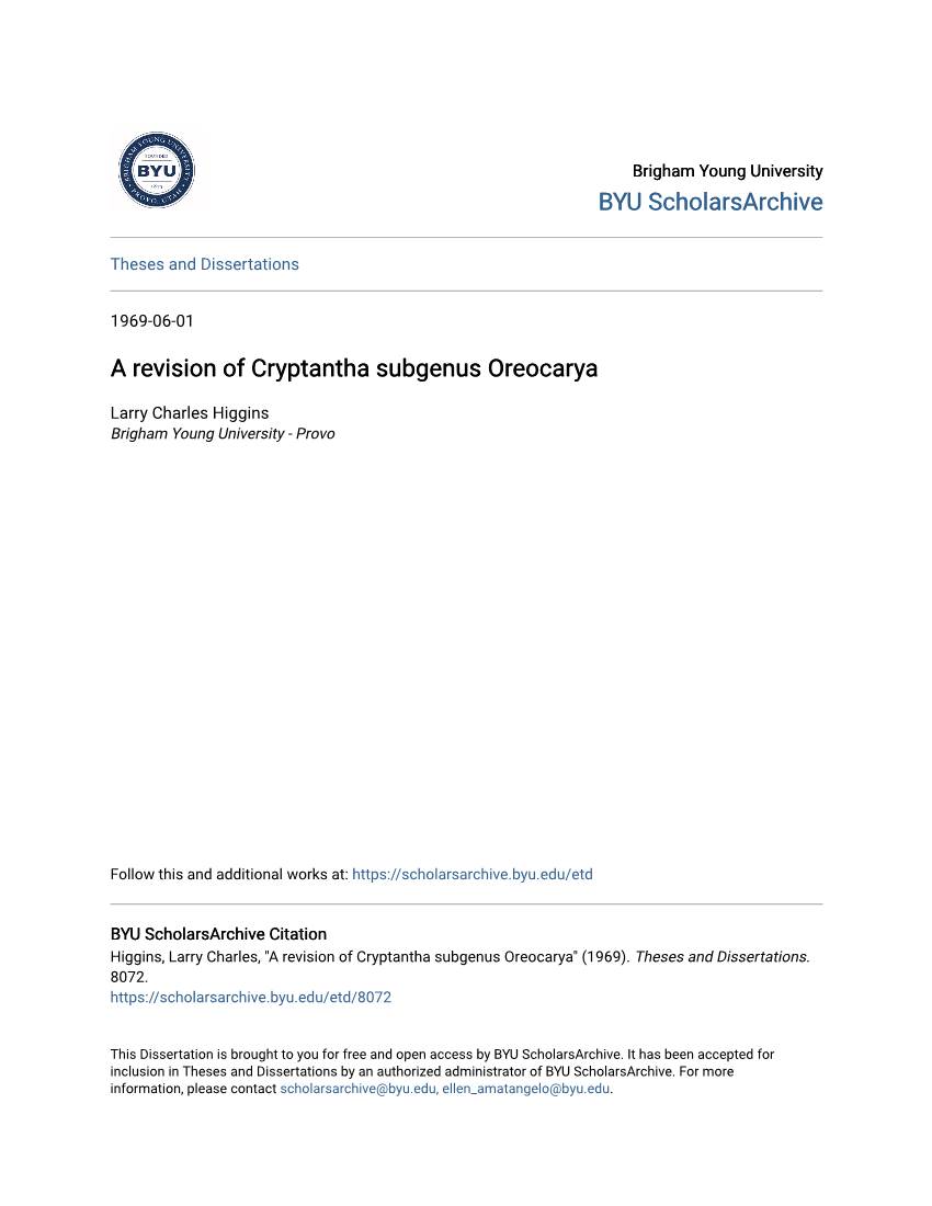A Revision of Cryptantha Subgenus Oreocarya
