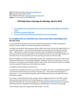 VTA Daily News Coverage for Monday, April 8, 2019